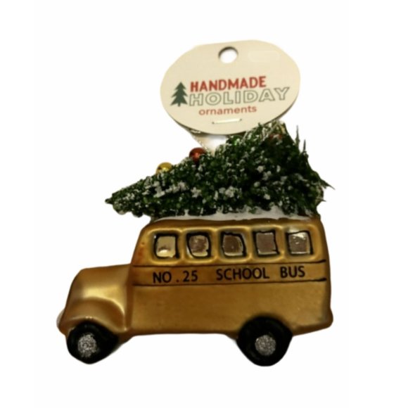 New Christmas Tree Glass Painted Ornament Holiday Yellow School Bus, Teacher - Picture 1 of 10